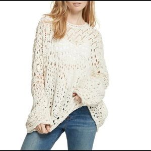 Free People Traveling Lace Open Knit Oversized Sweater Cream/Ivory Sz L